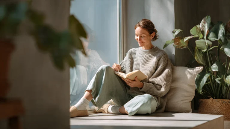 a calm adult person aged 35 50 sitting