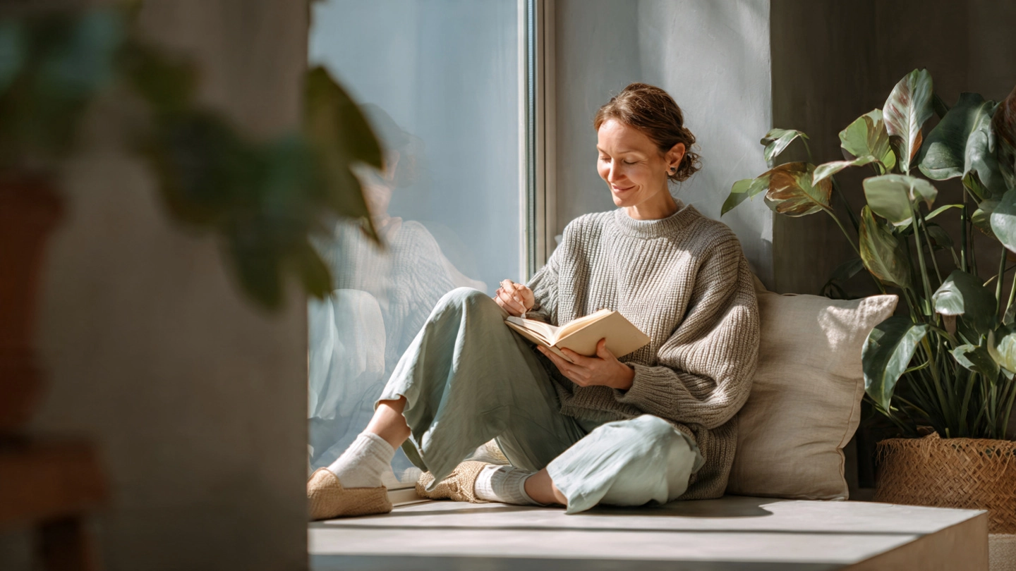 a calm adult person aged 35 50 sitting